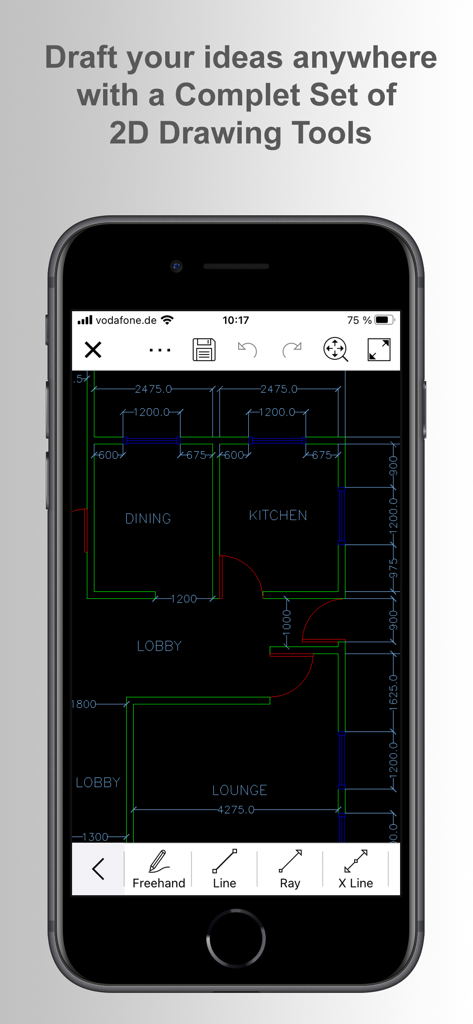 biiCADo Mobile - CAD App - Interfaz de la aplicación CAD biiCADo Mobile mostrando un plano de planta arquitectónico 2D y herramientas de dibujo en un smartphone