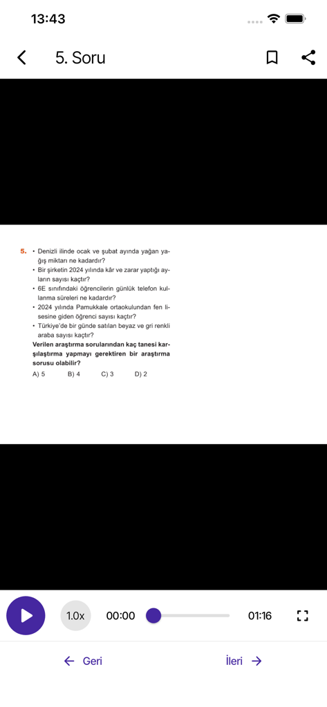 Arı Video Çözüm - A video player interface showing a multiple choice question and playback controls in the Ari Video Cozum education app.