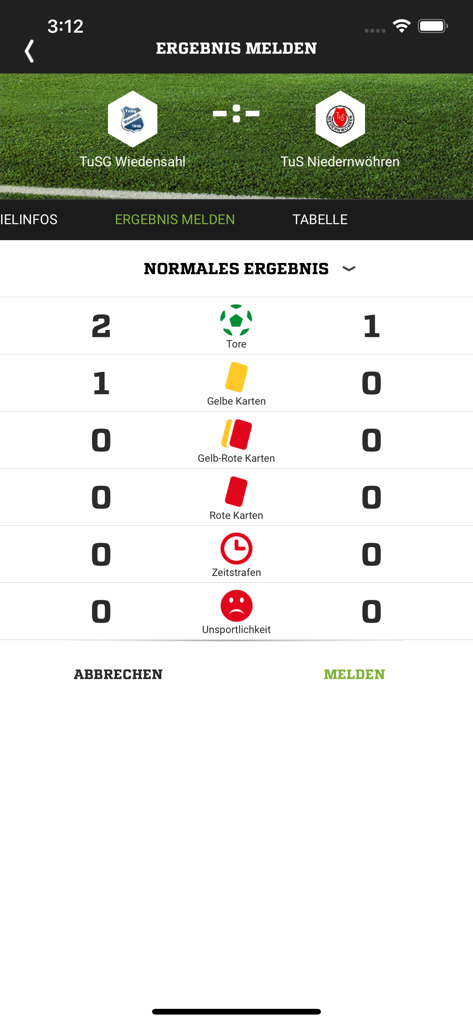Mobile Ansicht der DFBnet-App, die die Meldung von Fußballspielergebnissen mit Punkteständen und Kartenstatistiken zeigt.