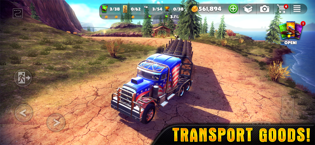 An American flag themed semi-truck transporting logs on a dirt road in an open world landscape