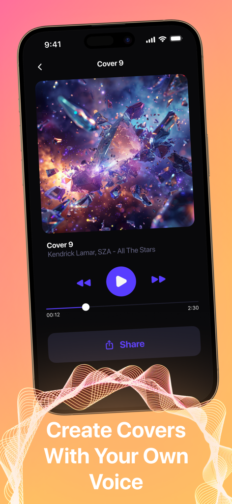 AI Coverアプリの音楽プレイヤーインターフェース。あなたの声によるカスタムソングが表示されています。