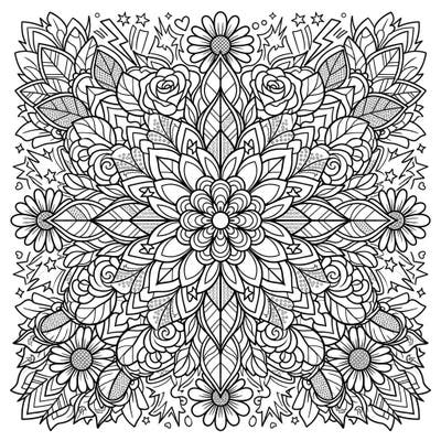 Dive into a world of bold lines and intricate beauty with this stunning Pop Art Floral Mandala coloring page. Experience the fusion of classic botanical art with dynamic comic book flair, perfect for a joyful coloring session.