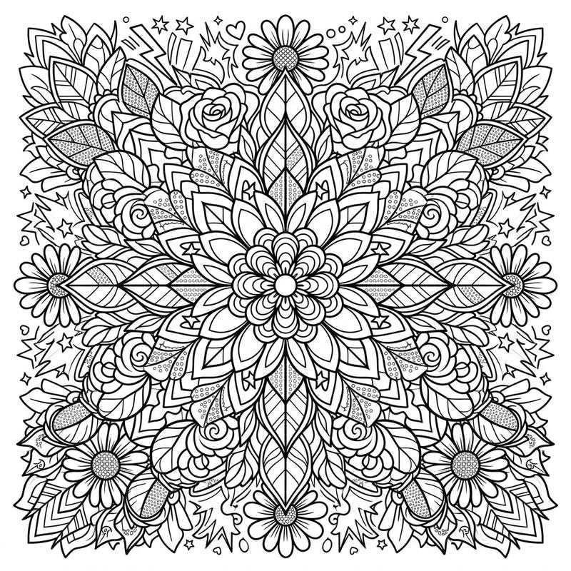 Dive into a world of bold lines and intricate beauty with this stunning Pop Art Floral Mandala coloring page. Experience the fusion of classic botanical art with dynamic comic book flair, perfect for a joyful coloring session.