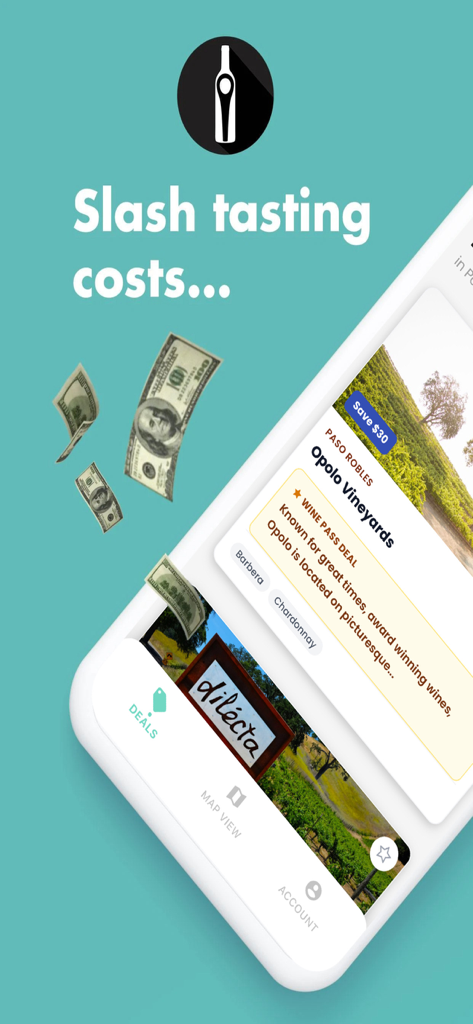 Priority Wine Pass - Smartphone displaying the Priority Wine Pass app with discounts for Opolo Vineyards and a headline about slashing tasting costs