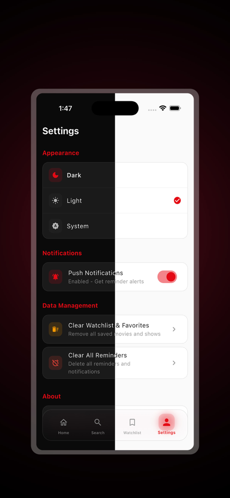 Settings menu of the MovieDex app showing theme selection and notification management