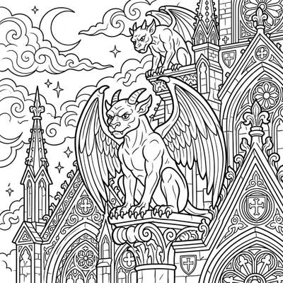 Discover an epic coloring adventure featuring vigilant gargoyles perched atop a majestic gothic structure. This detailed design offers a captivating challenge perfect for teens eager to bring ancient protectors to life.