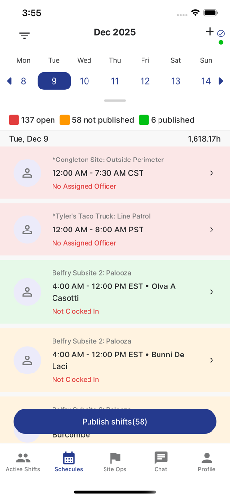 Belfry Security - Belfry Security mobile app interface showing shift scheduling and officer assignments