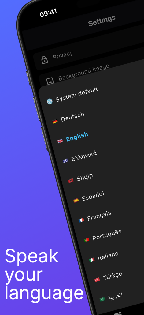 Royal Message - Royal Message App-Oberfläche, die eine Liste unterstützter Sprachen im Einstellungsmenü anzeigt