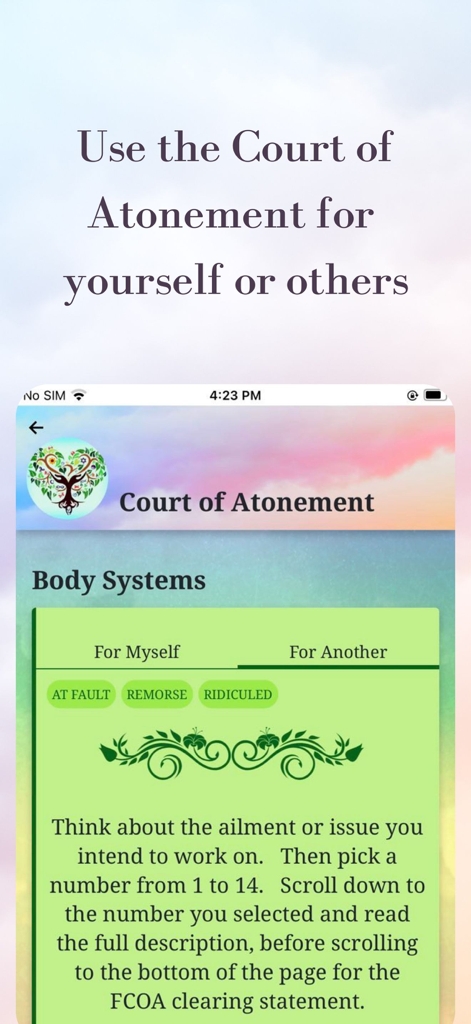 Court of Atonement - Court of Atonement spiritual healing app screen for body systems and conflict resolution