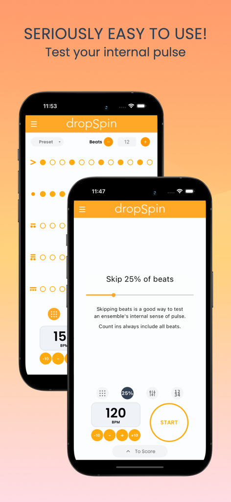 DropSpin Metronome - DropSpin Metronome app interface showing the skip beats feature to help musicians test their internal pulse.