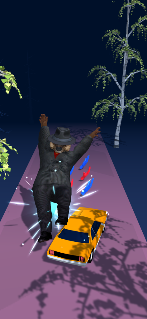 Brainrot Monster Run gameplay showing a character in a suit running on a purple path while collecting colored hands