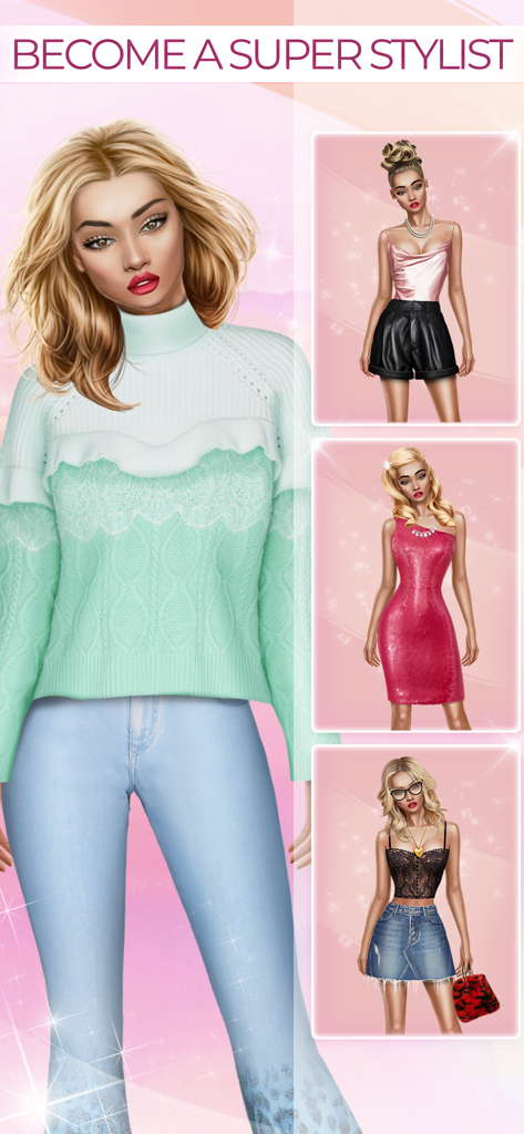Celebrity Fashion Show Games - Una avatar femenina rubia mostrando diferentes atuendos elegantes en un juego de vestir de moda