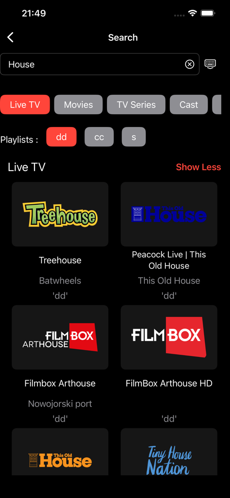 Snappier IPTV - Snappier IPTV search interface displaying live television channel results on an iPhone screen