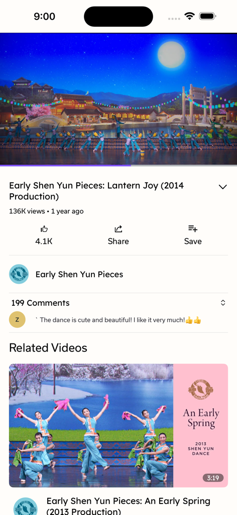 Écran du lecteur vidéo dans l'application Shen Yun Creations présentant une représentation de danse classique chinoise