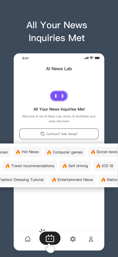 Lexi AI- Smart News Assistant - Lexi AI News Lab screen featuring a smart search bar and trending news topic tags.