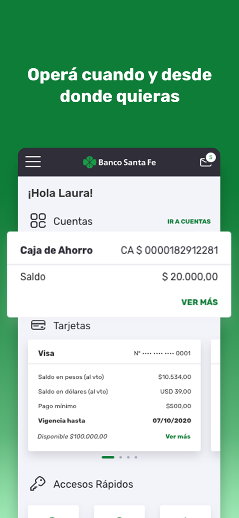 Interfaz de la aplicación móvil de Banco Santa Fe que muestra el saldo de una cuenta de ahorros y los detalles de la tarjeta de crédito Visa