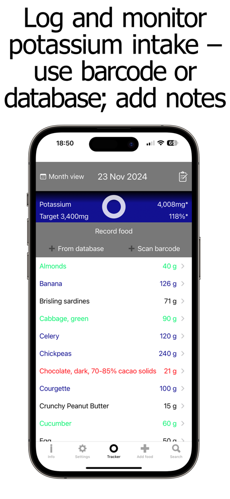 Smartphone screen displaying a daily food log and potassium intake progress ring