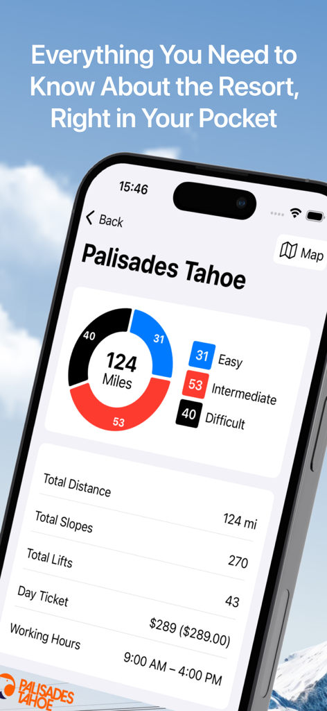 Ski Slopes Maps NEU - Ein Smartphone-Bildschirm, der ein Skigebiets-Dashboard mit Pisten-Schwierigkeitsgrad-Statistiken und Liftticketpreisen anzeigt