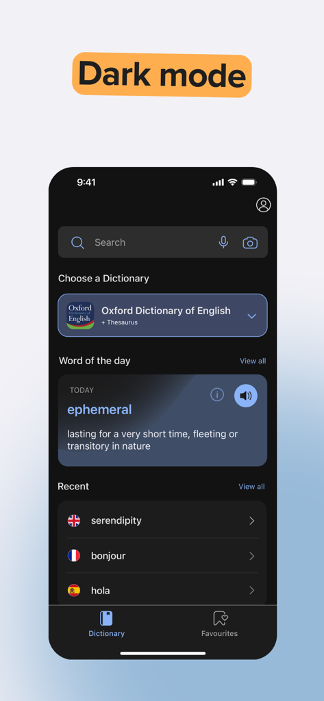 Oxford Dictionary and Thesaurus app interface in dark mode featuring the word of the day ephemeral