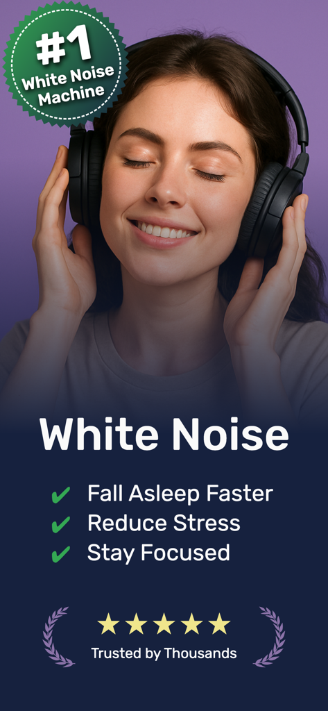 백색 소음기 앱을 사용하여 휴식을 취하고 집중하는 동안 미소를 짓는 헤드폰을 낀 여성