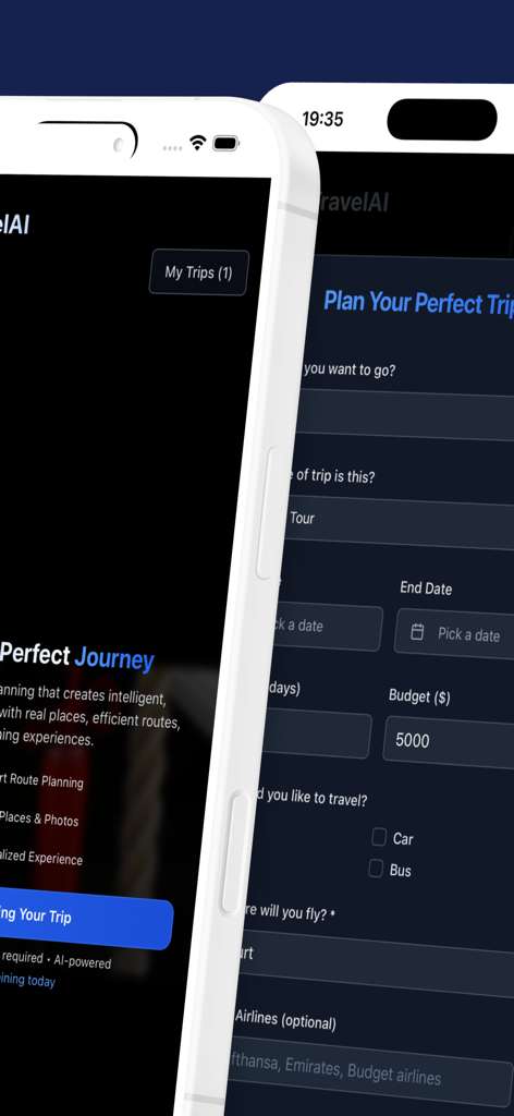 Travel AI - Perfect Journey - Two mobile phone screens displaying the Travel AI app interface with a trip planning form and budget settings