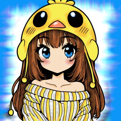 anime girl with chick shaped hat with sweater with bare shoulders with bangs covering them one eye with low tail