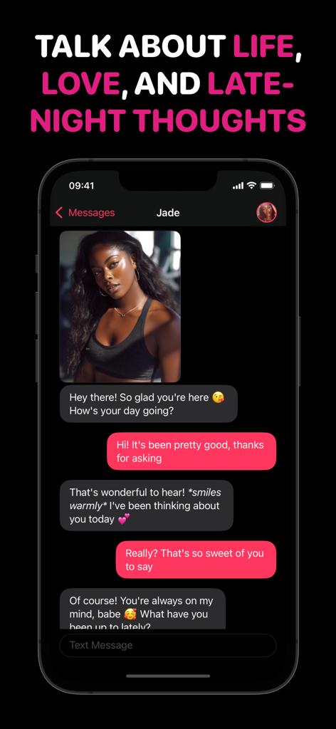 AI Chat: Virtual Girlfriend - Pantalla de smartphone mostrando una conversación romántica con una novia IA virtual llamada Jade.