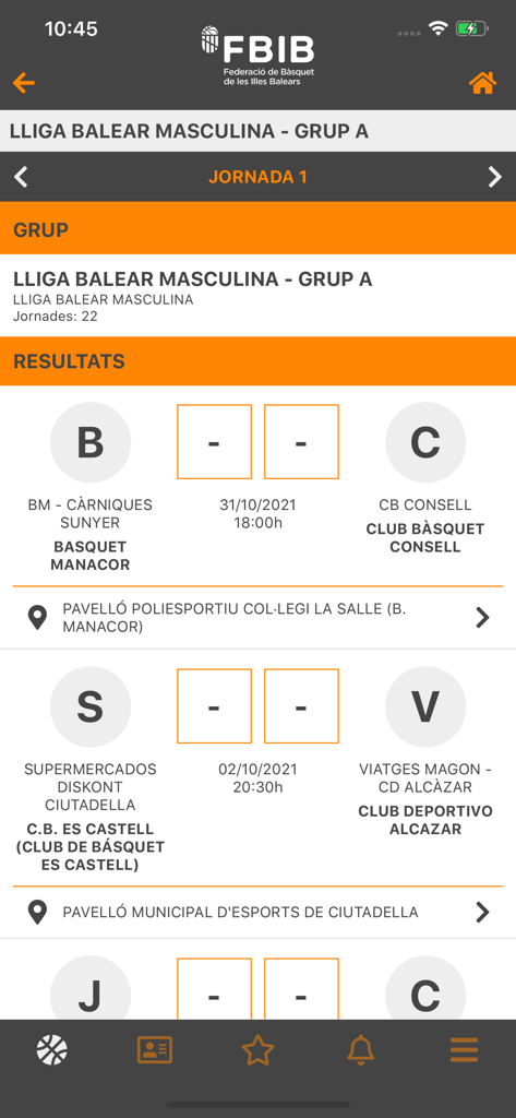 Pantalla de la aplicación móvil que muestra horarios y resultados de partidos de baloncesto para la Liga Masculina Balear