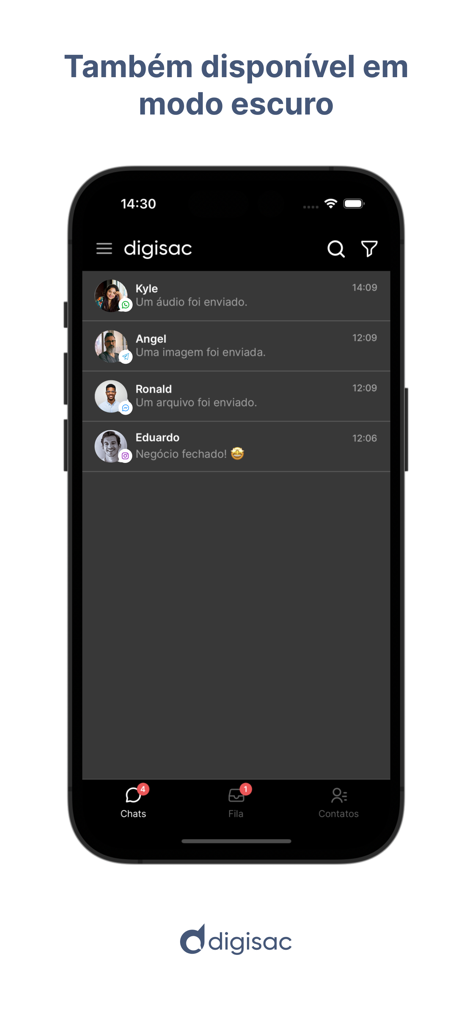 Digisac mobile app displaying its messaging dashboard in dark mode with integrated chats from multiple social platforms