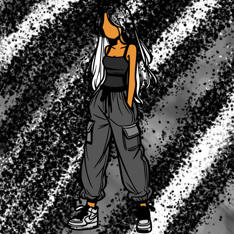 girl in baggy pants crop top and long hair