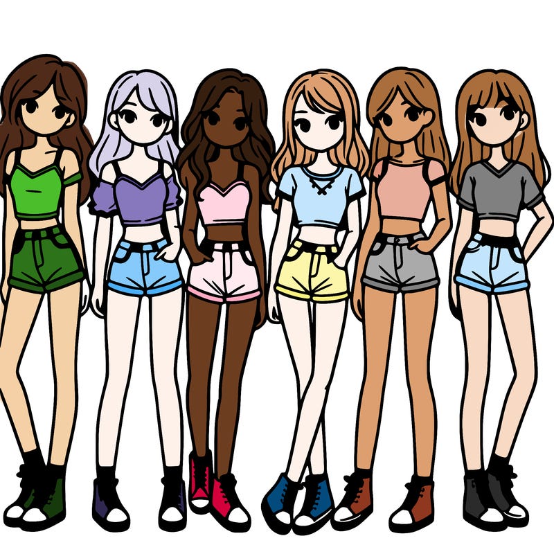 a group of girls wearing crop tops and shorts