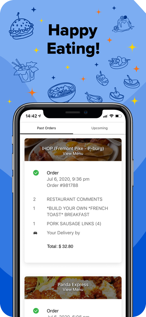 A mobile screenshot of the Woosh Delivery app showing a past order history screen with an IHOP breakfast order