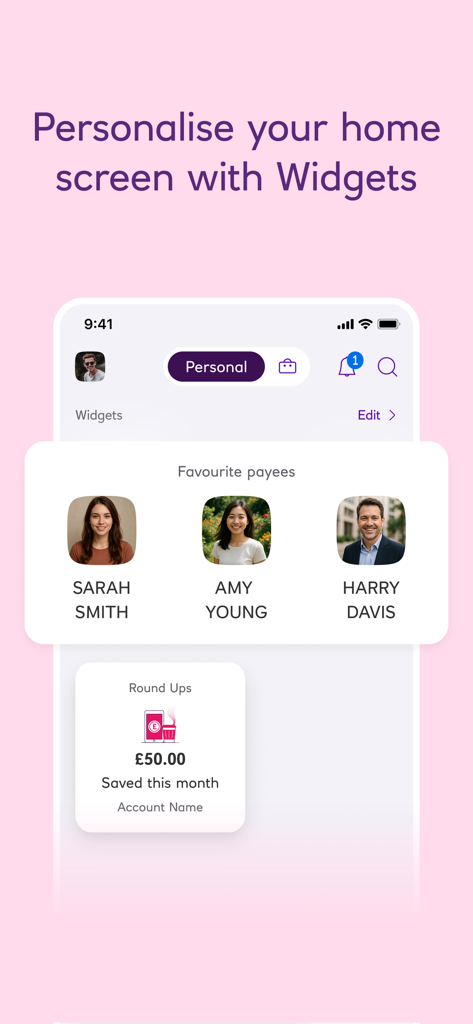 NatWest International - NatWest International mobile app home screen featuring customizable widgets for favorite payees and round up savings.