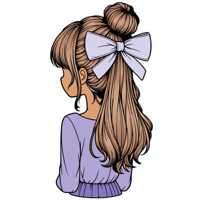 realistic girl  with hip length hair a bun and a big bow on the back of head