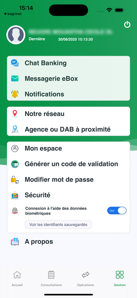 BNIONLINE - Management menu of the BNIONLINE mobile app displaying security options biometric login settings and banking network locations