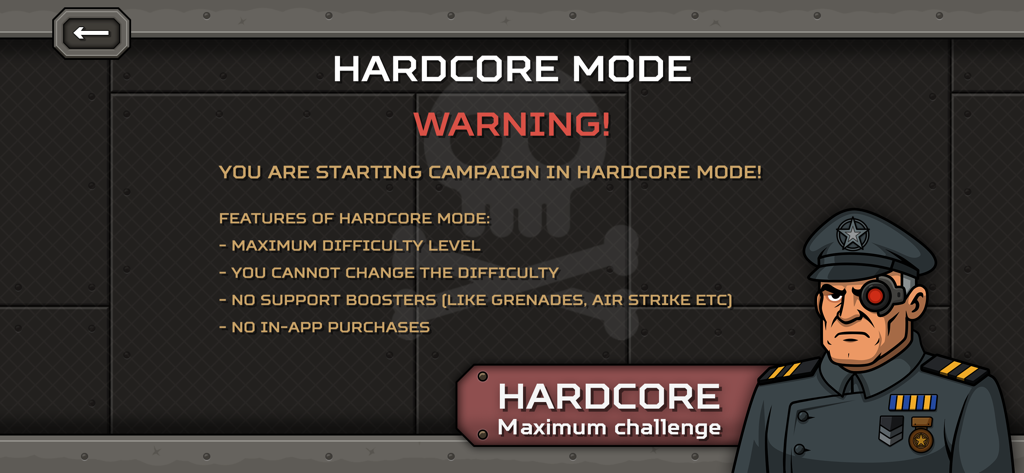 Tactical War 2: Tower Defense - Tactical War 2 Hardcore Mode screen showing maximum difficulty rules and disabled boosters