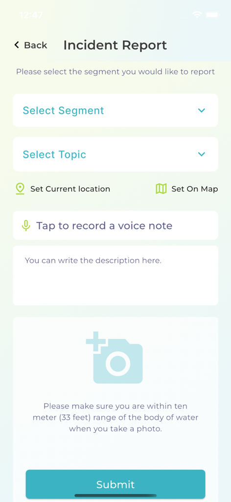 AMAP - The AMAP app interface for reporting incidents with options for location voice notes and photos.