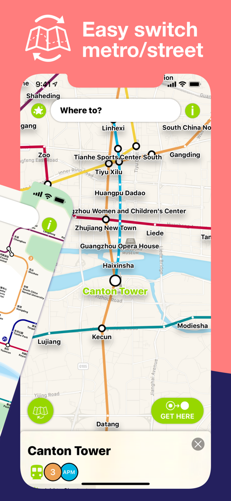 Guangzhou Metro Route planner - Screenshot dell'app Guangzhou Metro che mostra la mappa interattiva con l'opzione di passare dalla vista metropolitana a quella stradale.