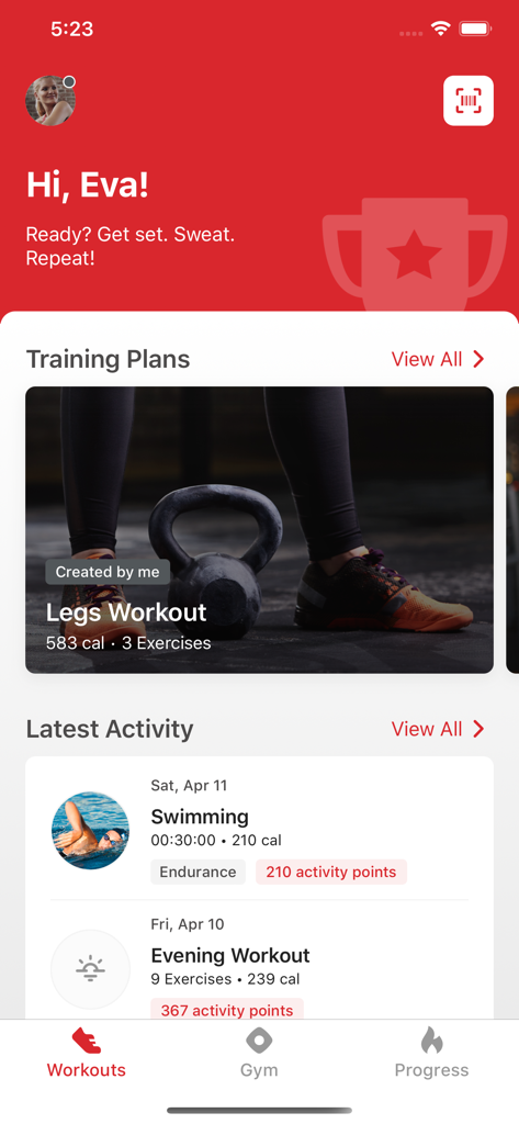 My Active App - The My Active App dashboard displaying training plans and a summary of recent fitness activities like swimming and evening workouts.