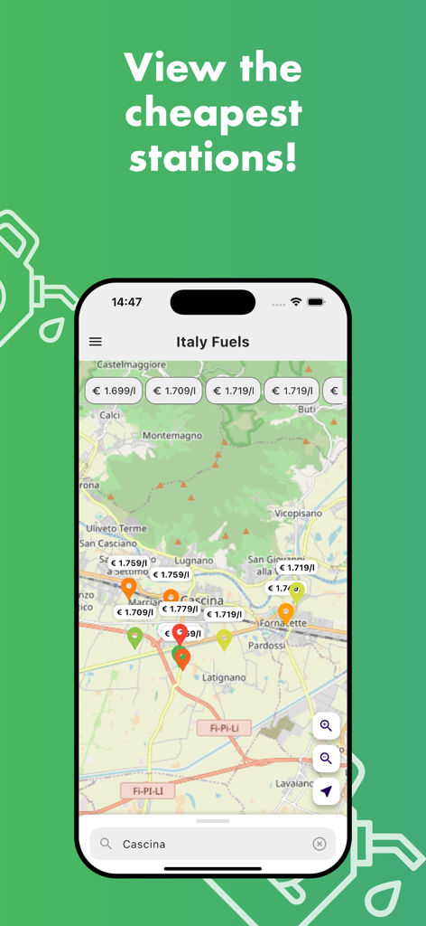 Italy Fuels - Map view of Italy Fuels app showing gas station prices and locations in Cascina Italy