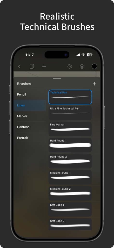 SketchFlow:  CAD Drawing - Uma interface móvel do aplicativo de desenho CAD SketchFlow exibindo um menu de pincéis técnicos realistas como canetas técnicas e marcadores.