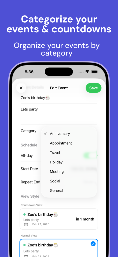 Un'interfaccia mobile che mostra come organizzare gli eventi del calendario per categorie come Anniversario e Riunione