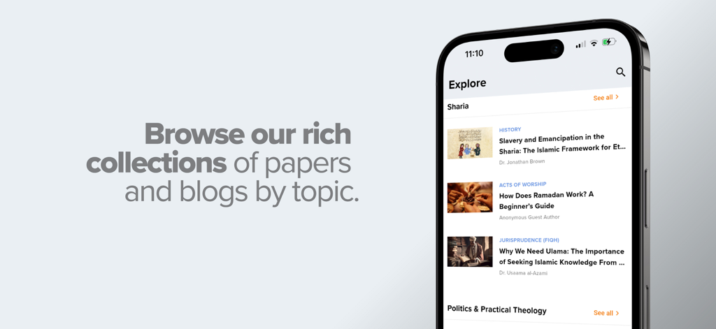Yaqeen Institute - A smartphone displaying the Yaqeen Institute app interface for browsing Islamic research papers by topic