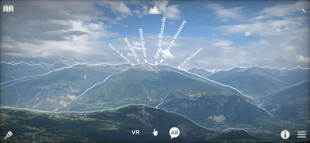 Swiss3D - Interface de realidade aumentada mostrando nomes de picos de montanhas suíças sobrepostos à paisagem