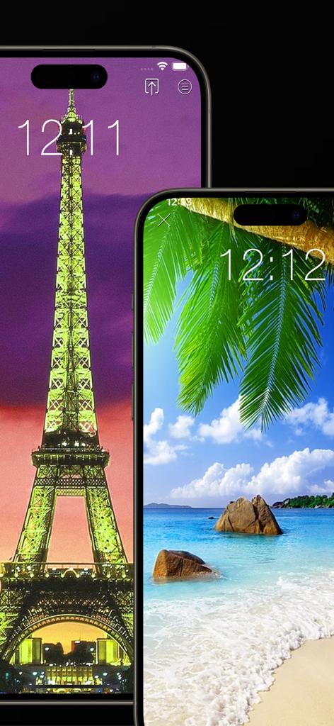 Dos iPhones mostrando la Torre Eiffel y una playa tropical como fondos de pantalla de bloqueo.