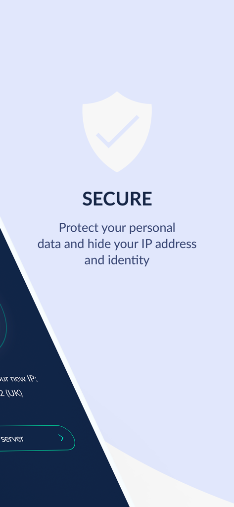 Hotshield VPN app screen with a shield icon and text highlighting personal data protection and IP address hiding