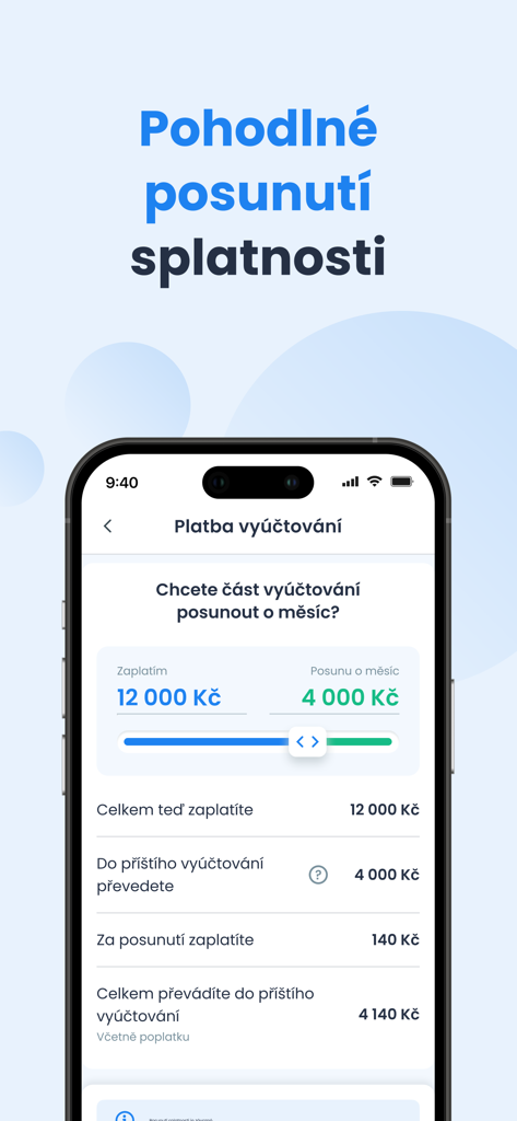 Tela do aplicativo móvel Skip Pay mostrando opções de pagamento de contas e um controle deslizante para adiar pagamentos para o próximo mês.