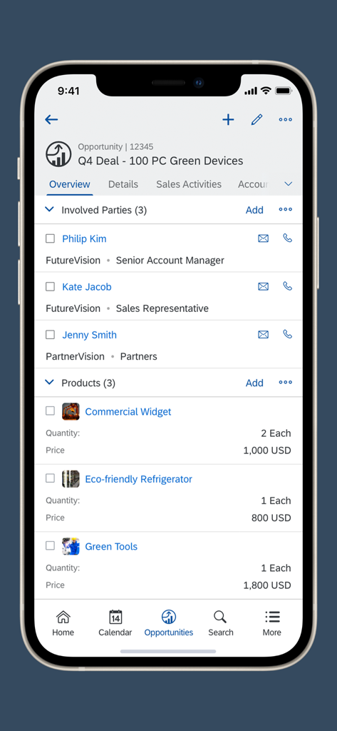 SAP Cloud for Customer - Interfaccia mobile di SAP Cloud for Customer che mostra un'opportunità di vendita con contatti e informazioni sul prodotto.