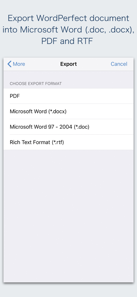 Export screen of the WPD Reader app showing options to convert WordPerfect files to PDF, Microsoft Word docx, and RTF formats.