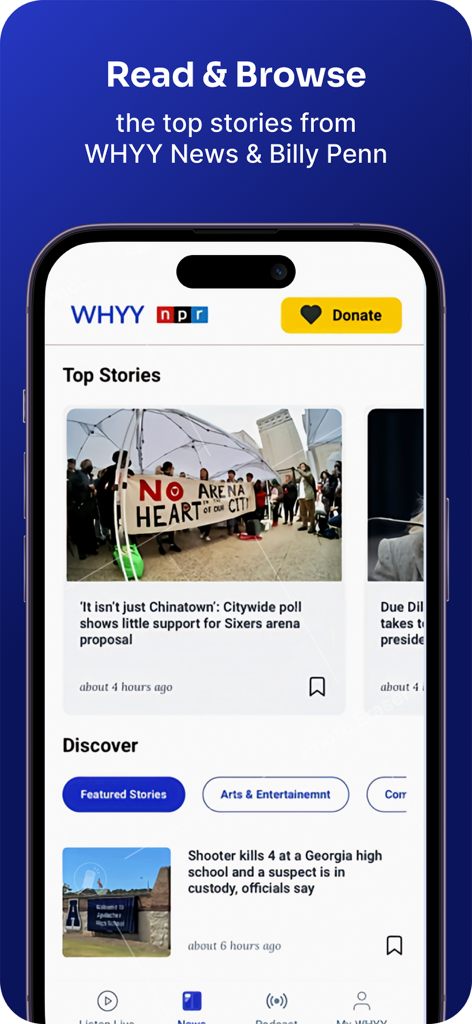Interface of the WHYY Listen mobile app displaying local news headlines and a browse section for top stories.